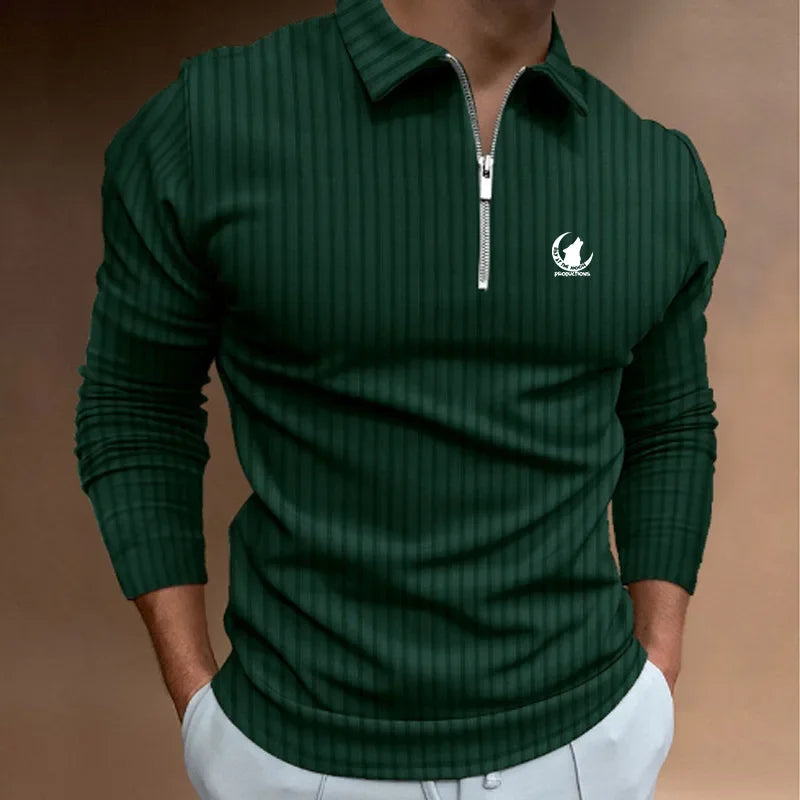 Long Sleeve Zipper Stripe Polo Shirt