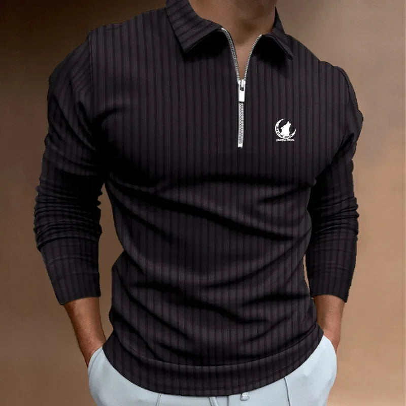 Long Sleeve Zipper Stripe Polo Shirt