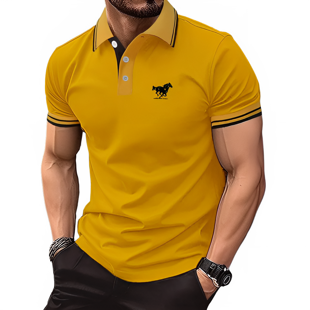Men Horse Print Striped Trim Polo Shirt